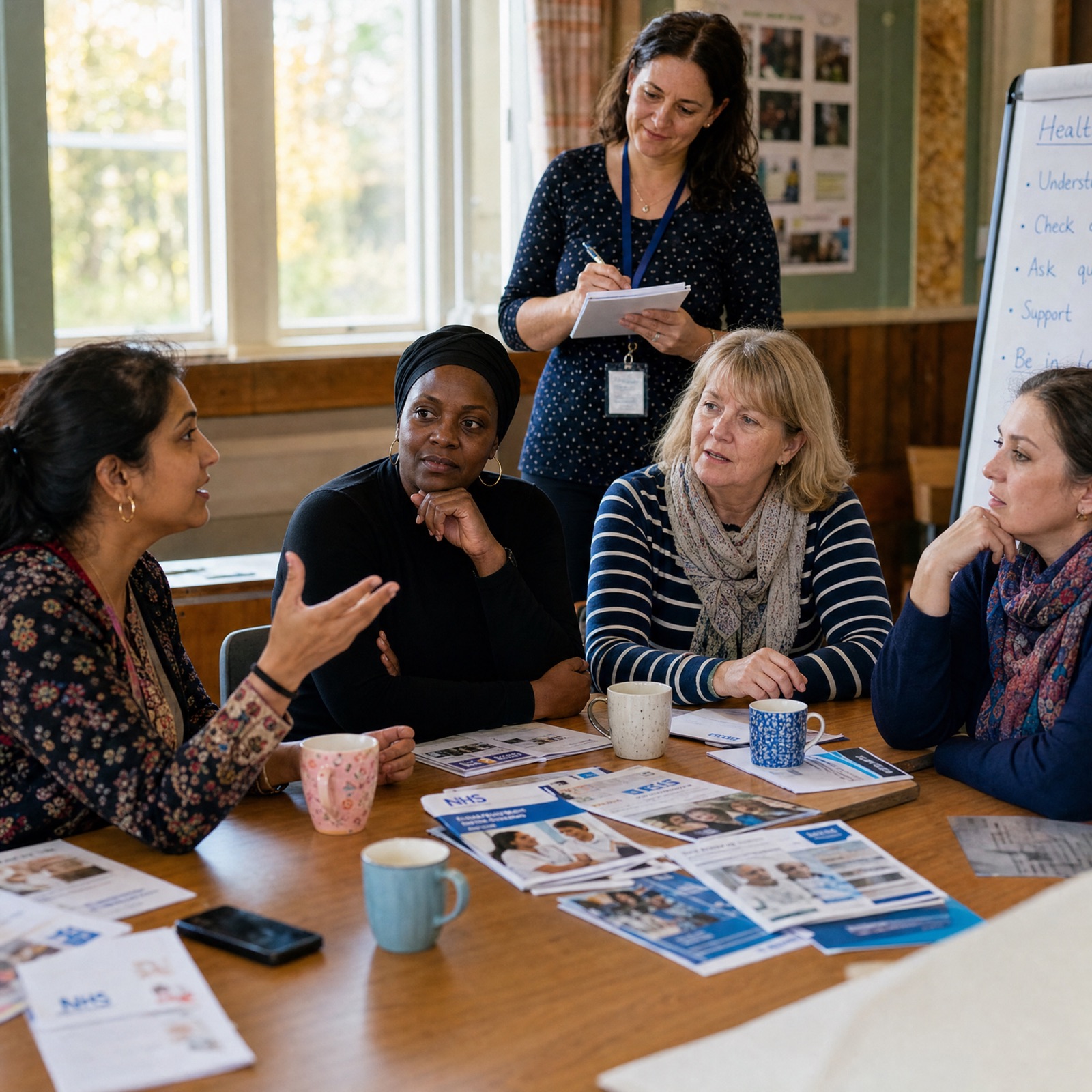 A health advocate and patient in conversation at an NHS appointment